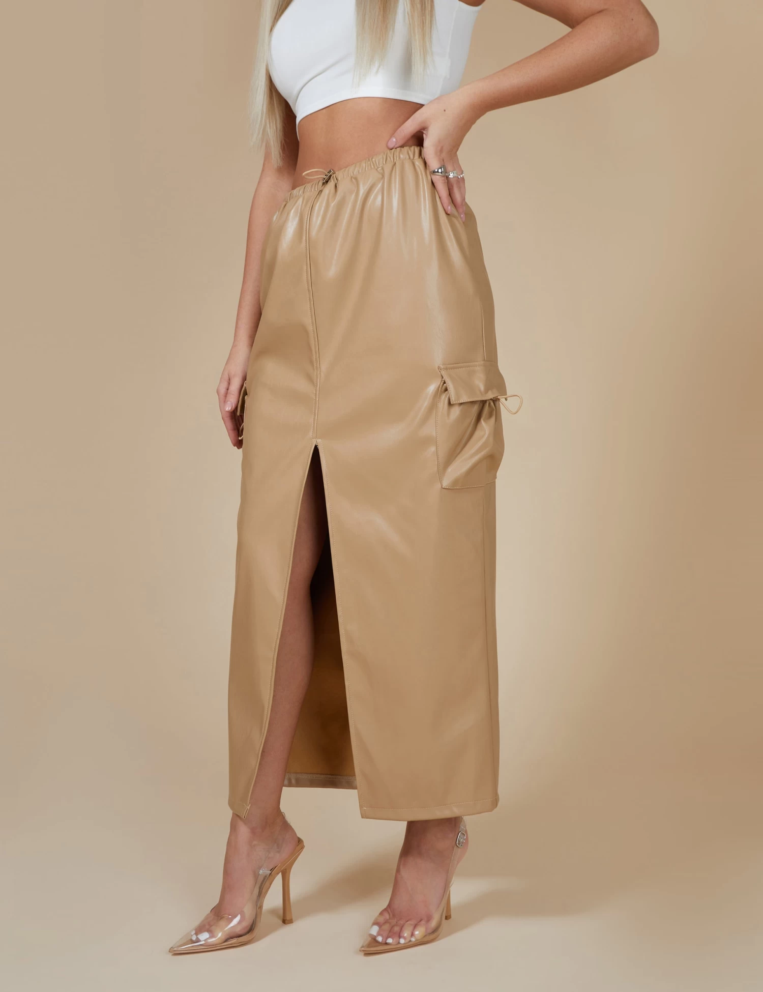Faux Leather Pocket Detail Cargo Maxi Skirt Camel 2 Faux Leather Pocket Detail Cargo Maxi Skirt Camel - Image 2