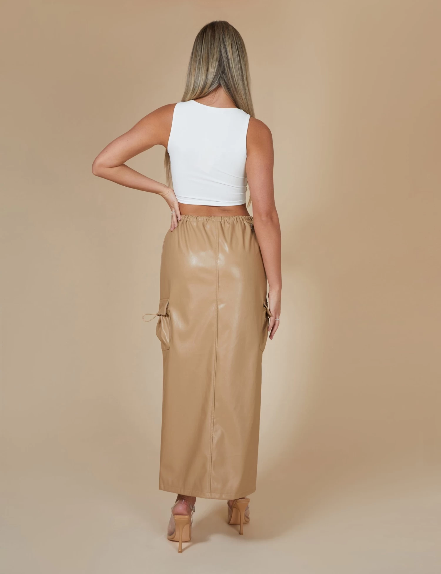 Faux Leather Pocket Detail Cargo Maxi Skirt Camel 4 Faux Leather Pocket Detail Cargo Maxi Skirt Camel - Image 4