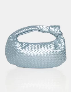 The Blame Metallic Silver Iridescent Woven PU Knot Detail Mini Grab Bag