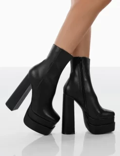 Supine Black Pu Chunky Platform High Heeled Block Ankle Boots -Chic Step Shop 13.1000014