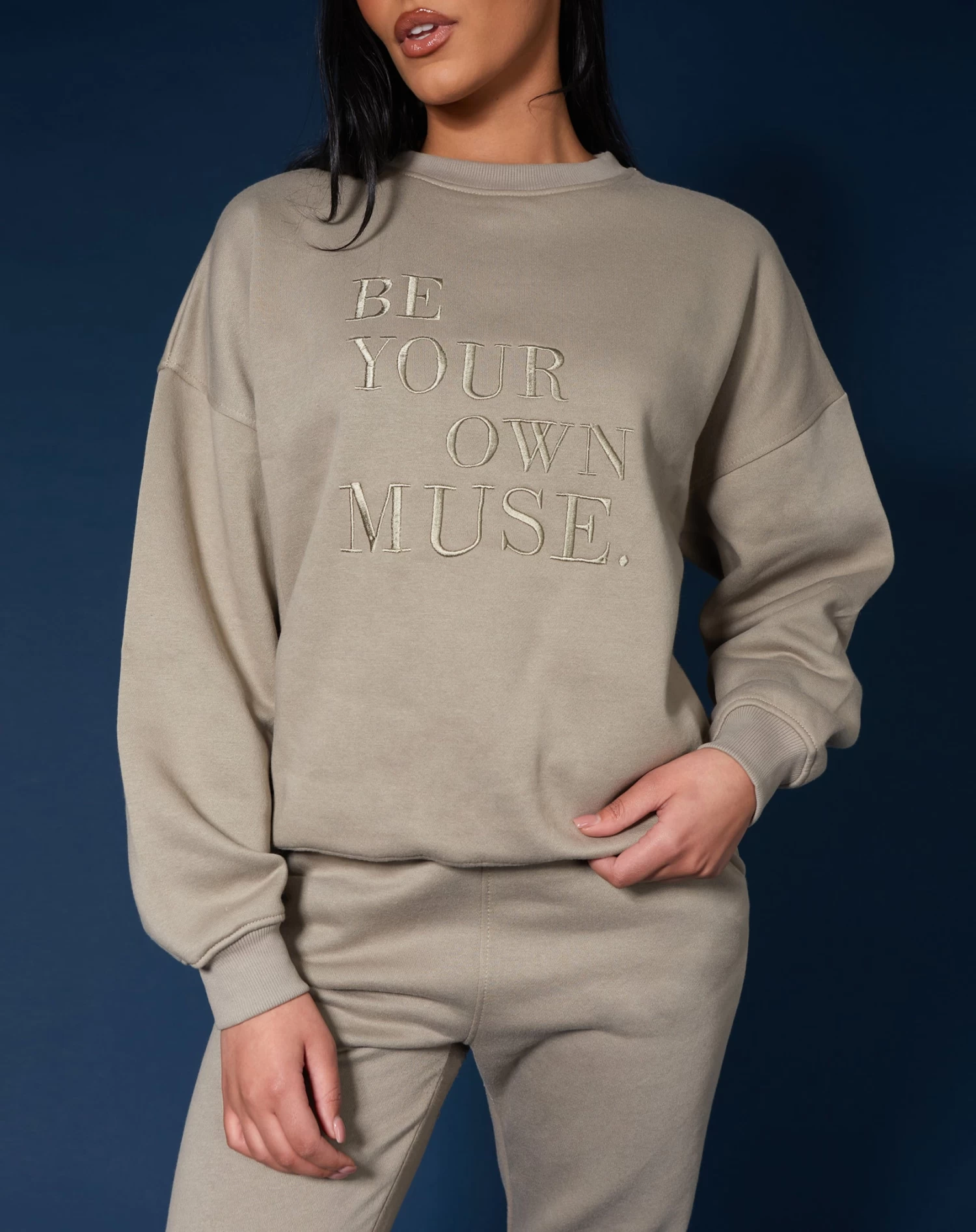 Be Your Own Muse Embroidered Sweatshirt Khaki 3 Be Your Own Muse Embroidered Sweatshirt Khaki - Image 3
