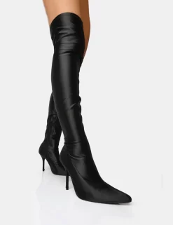Instinct Black Lycra Pointed Toe Stiletto Thigh High Boots -Chic Step Shop 17 scaled