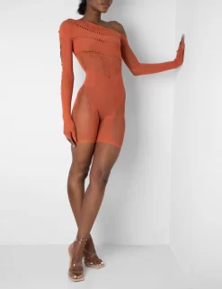 Mesh And Lace Panel Off Shoulder Short Unitard Burnt Orange
