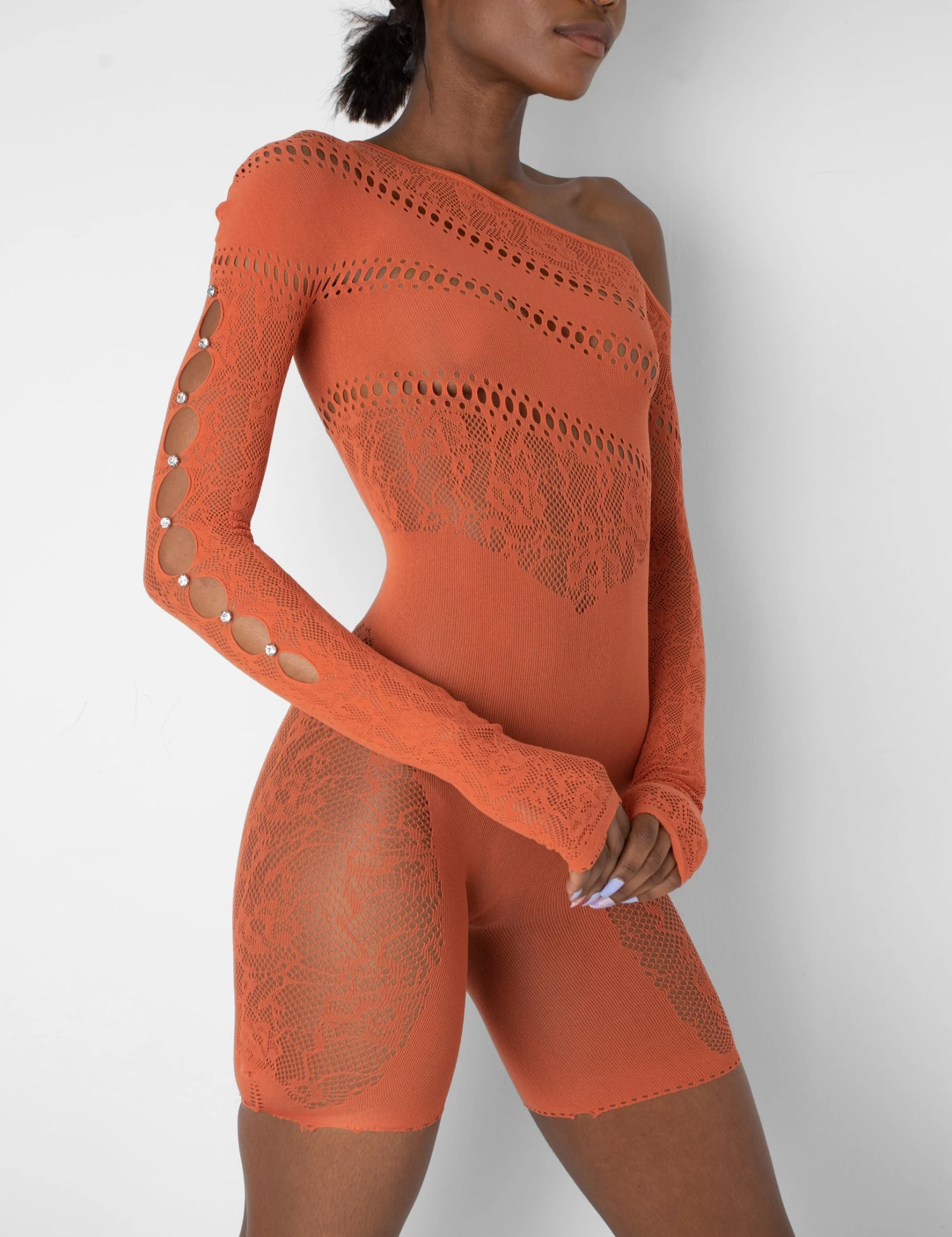 Mesh And Lace Panel Off Shoulder Short Unitard Burnt Orange 2 Mesh And Lace Panel Off Shoulder Short Unitard Burnt Orange - Image 2
