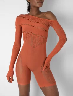 Mesh And Lace Panel Off Shoulder Short Unitard Burnt Orange 7 Mesh And Lace Panel Off Shoulder Short Unitard Burnt Orange -Chic Step Shop 1771A2754copy