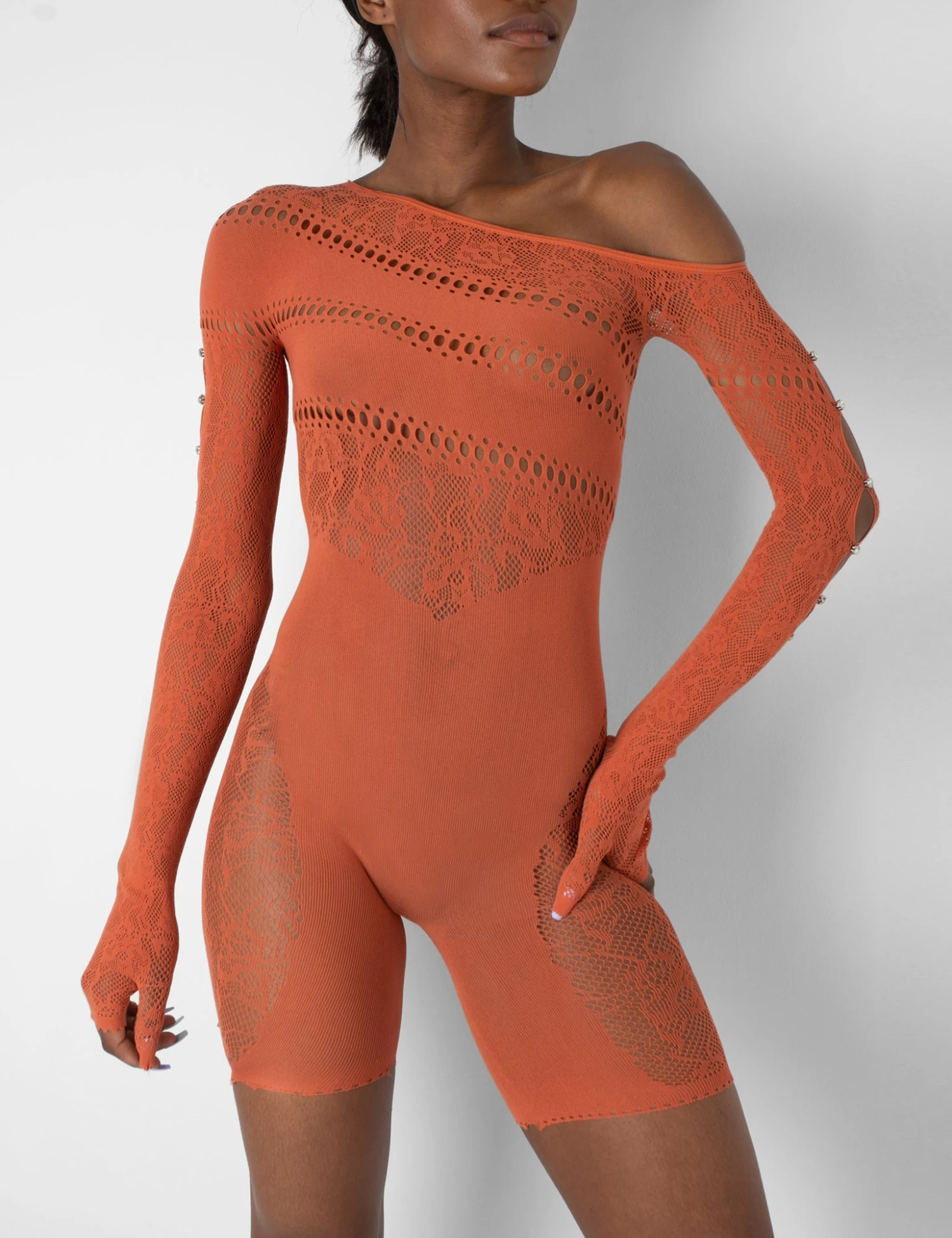 Mesh And Lace Panel Off Shoulder Short Unitard Burnt Orange 3 Mesh And Lace Panel Off Shoulder Short Unitard Burnt Orange - Image 3