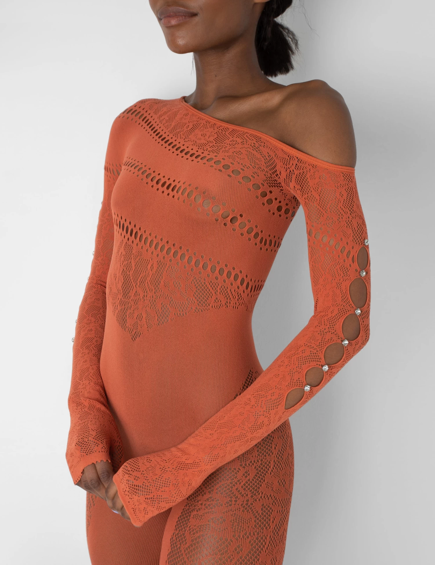 Mesh And Lace Panel Off Shoulder Short Unitard Burnt Orange 4 Mesh And Lace Panel Off Shoulder Short Unitard Burnt Orange - Image 4