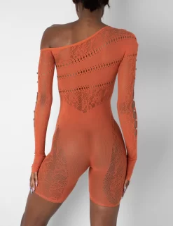 Mesh And Lace Panel Off Shoulder Short Unitard Burnt Orange 9 Mesh And Lace Panel Off Shoulder Short Unitard Burnt Orange -Chic Step Shop 1771A2765copy