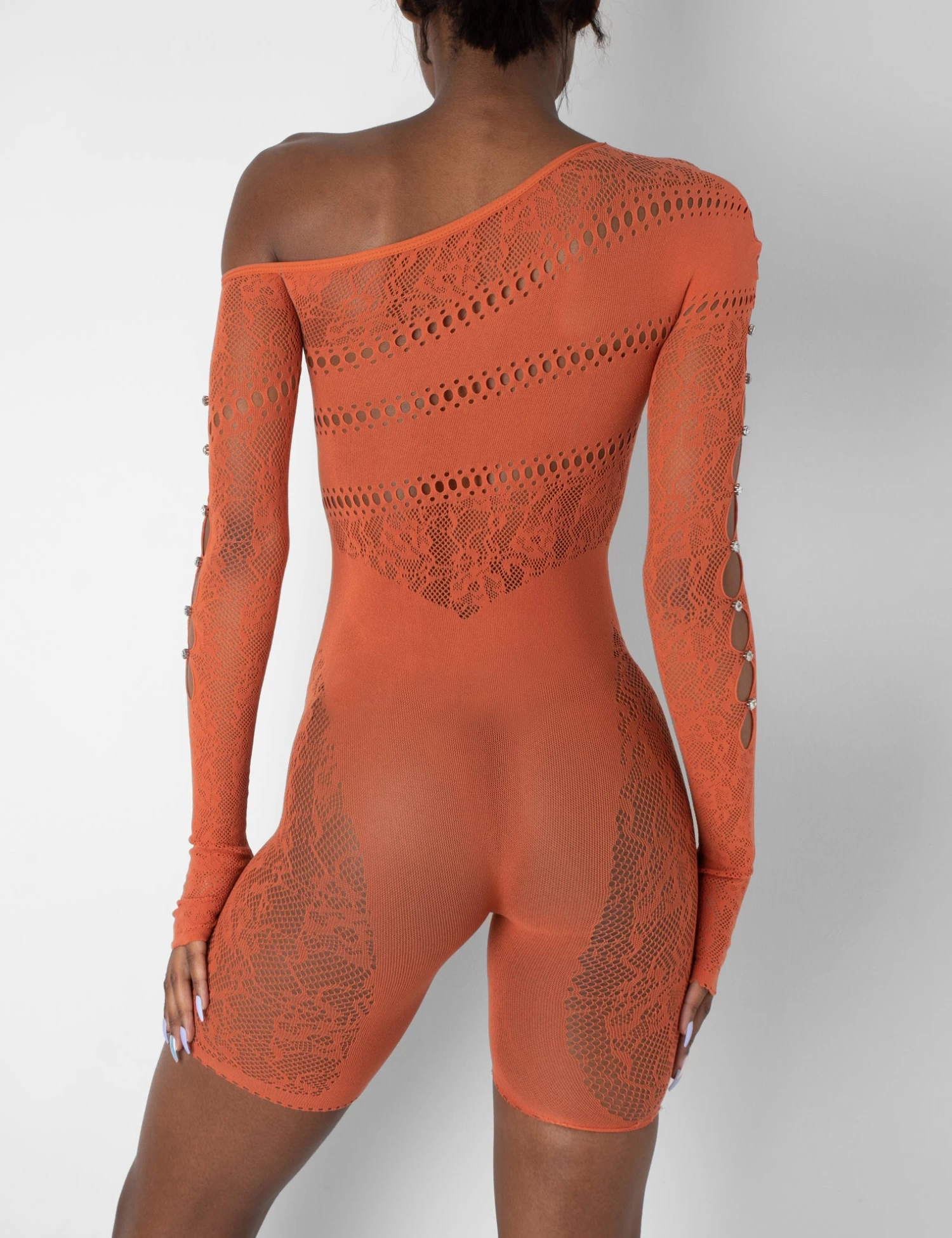 Mesh And Lace Panel Off Shoulder Short Unitard Burnt Orange 5 Mesh And Lace Panel Off Shoulder Short Unitard Burnt Orange - Image 5