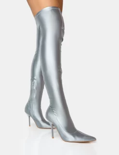 Instinct Silver Lycra Pointed Toe Stiletto Thigh High Boots -Chic Step Shop 1 6423f727 6b12 4bfc 8ed0 beec679bbcda scaled