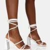Natty White Pu Lace Up Square Toe Mid Block Heels