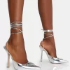 Vada Silver Mirror Slingback Lace Up Pointed Court Stiletto Heels