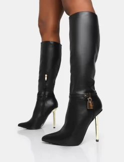 Jayden Black Pu Padlock Detail Pointed Toe Gold Stiletto Heel Knee High Boots -Chic Step Shop 1copy 1e6ed5d1 5c11 4105 88f3 9a980d32f63d scaled