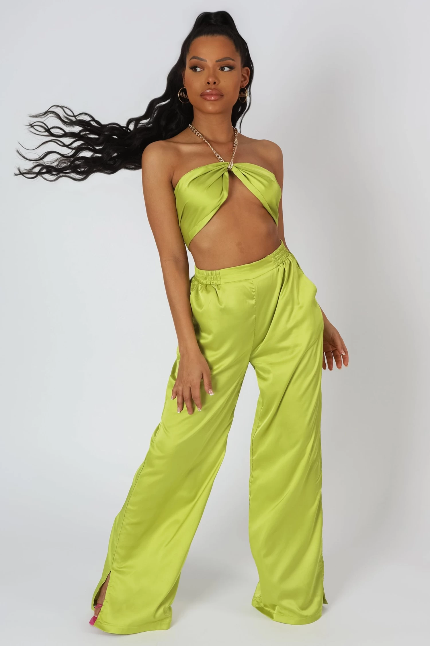 Wide Leg Satin Trousers Lime 2 Wide Leg Satin Trousers Lime - Image 2