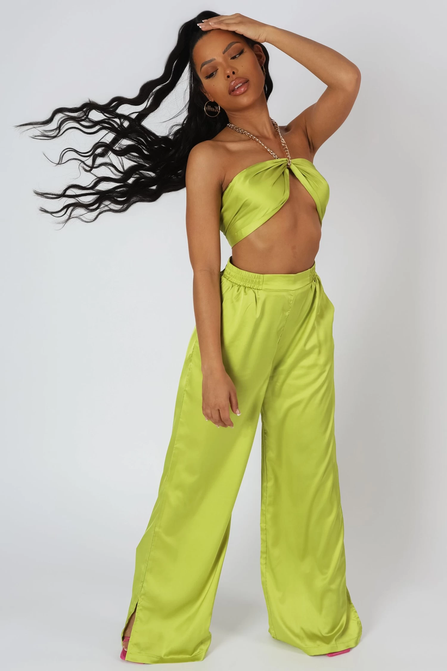 Wide Leg Satin Trousers Lime 3 Wide Leg Satin Trousers Lime - Image 3