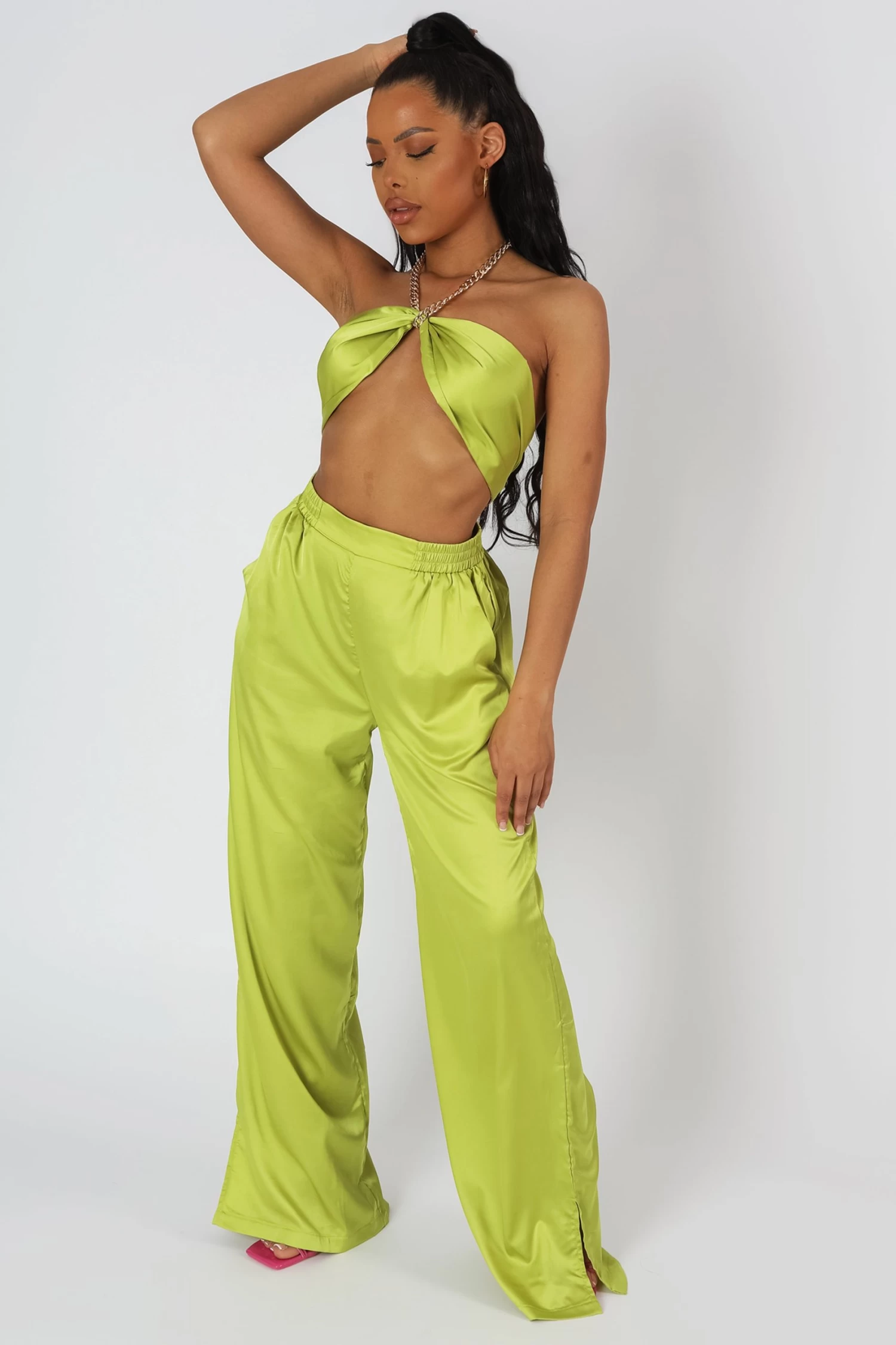 Wide Leg Satin Trousers Lime 1 Wide Leg Satin Trousers Lime