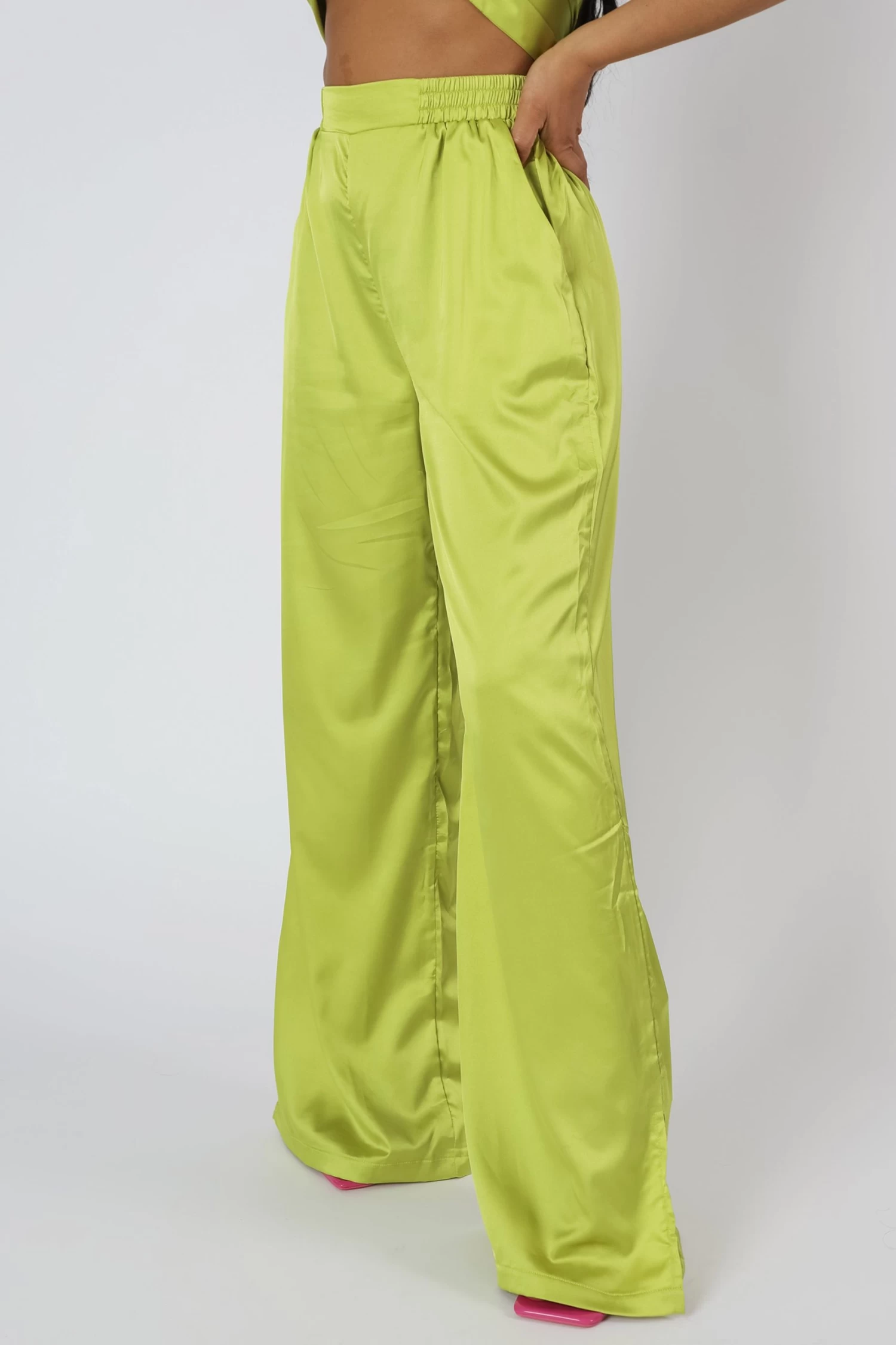 Wide Leg Satin Trousers Lime 4 Wide Leg Satin Trousers Lime - Image 4