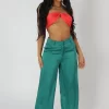 Wide Leg Split Hem Satin Tailored Trousers Green