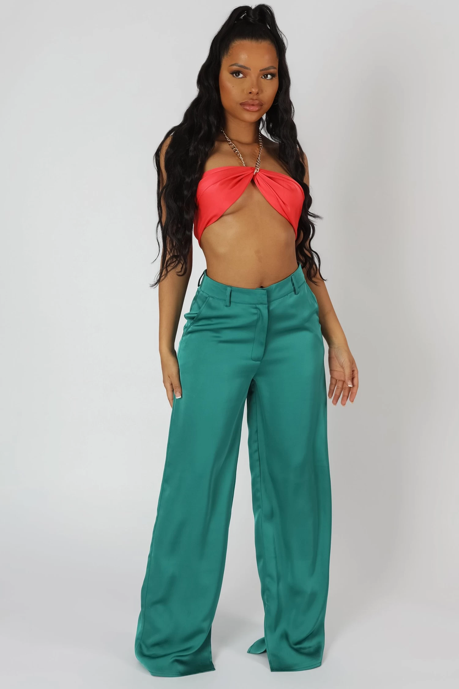 Wide Leg Split Hem Satin Tailored Trousers Green 1 Wide Leg Split Hem Satin Tailored Trousers Green