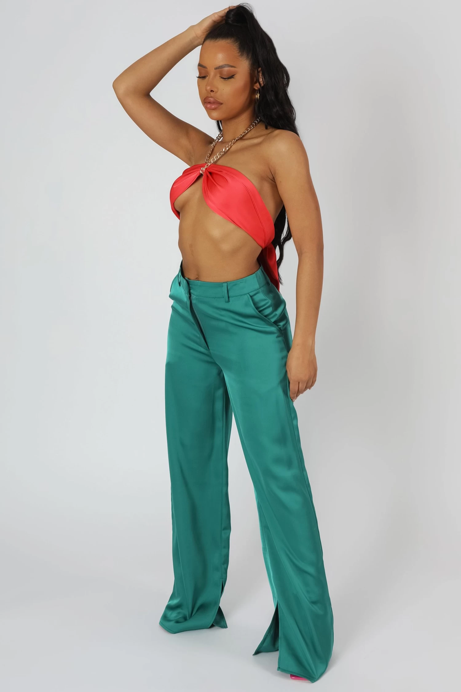 Wide Leg Split Hem Satin Tailored Trousers Green 2 Wide Leg Split Hem Satin Tailored Trousers Green - Image 2