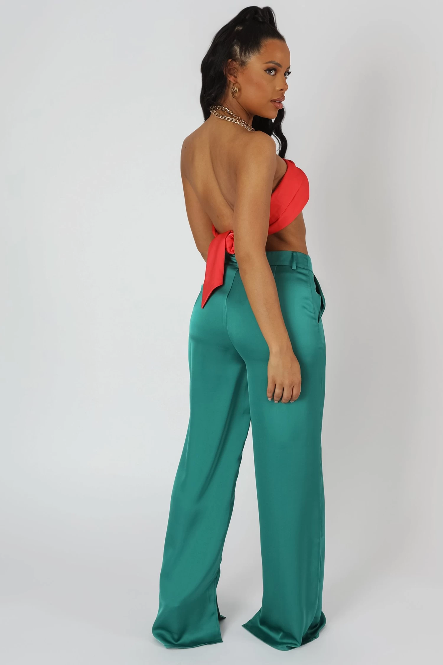 Wide Leg Split Hem Satin Tailored Trousers Green 3 Wide Leg Split Hem Satin Tailored Trousers Green - Image 3