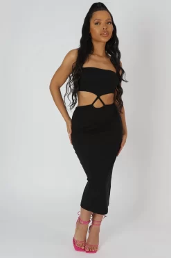 Strapless Bandeau Cut Out Detail Midi Dress Black