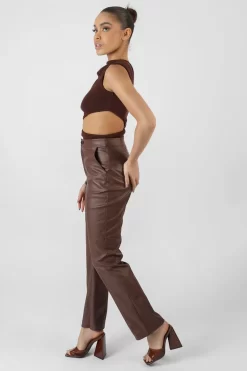Pu Seam Front Split Detail Trousers Chocolate -Chic Step Shop 24.11 889