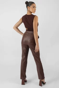 Pu Seam Front Split Detail Trousers Chocolate -Chic Step Shop 24.11 899