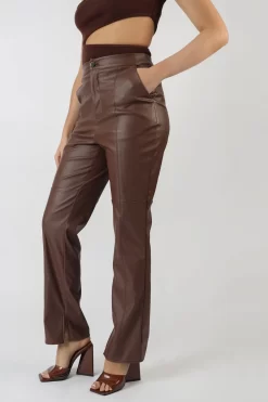 Pu Seam Front Split Detail Trousers Chocolate -Chic Step Shop 24.11 916