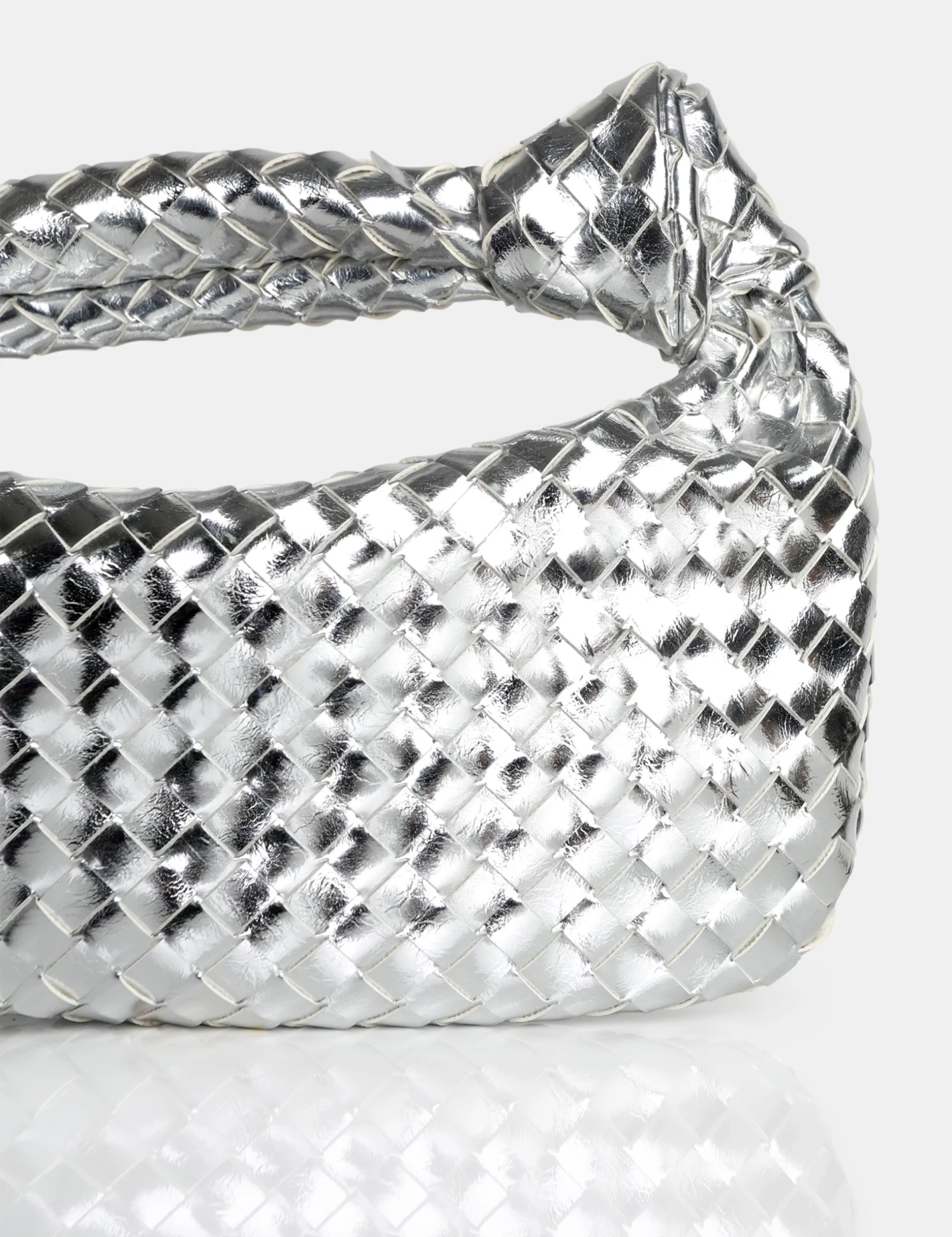The Blame Metallic Silver Mirror Woven PU Knot Detail Mini Grab Bag 3 The Blame Metallic Silver Mirror Woven PU Knot Detail Mini Grab Bag - Image 3