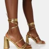 Natty Gold Pu Lace Up Square Toe Mid Block Heels