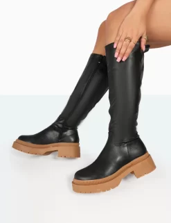 Jersey Black Pu Contrasting Chunky Sole Knee High Boots 7 Jersey Black Pu Contrasting Chunky Sole Knee High Boots -Chic Step Shop 2 2dc84ecb 9660 41ea bcd2 00994048b057