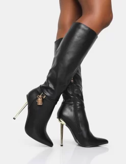Jayden Black Pu Padlock Detail Pointed Toe Gold Stiletto Heel Knee High Boots -Chic Step Shop 2 df0f4940 4a9d 4e28 8a94 acded0153a1b scaled