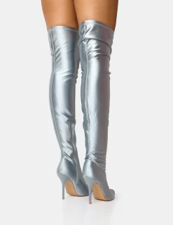 Instinct Silver Lycra Pointed Toe Stiletto Thigh High Boots -Chic Step Shop 2 f7d403a9 ab5c 44df 82ed 3c5f9ba32f0b scaled