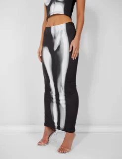 Body Heat Print Slinky Midaxi Skirt Black -Chic Step Shop 2skirt scaled