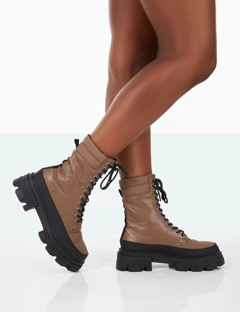 Refresh Mocha PU Nylon Lace Up Platform Chunky Sole Ankle Boots 2 Refresh Mocha PU Nylon Lace Up Platform Chunky Sole Ankle Boots - Image 2
