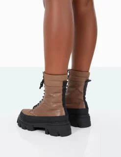 Refresh Mocha PU Nylon Lace Up Platform Chunky Sole Ankle Boots 6 Refresh Mocha PU Nylon Lace Up Platform Chunky Sole Ankle Boots -Chic Step Shop 31.08PDECOM0677