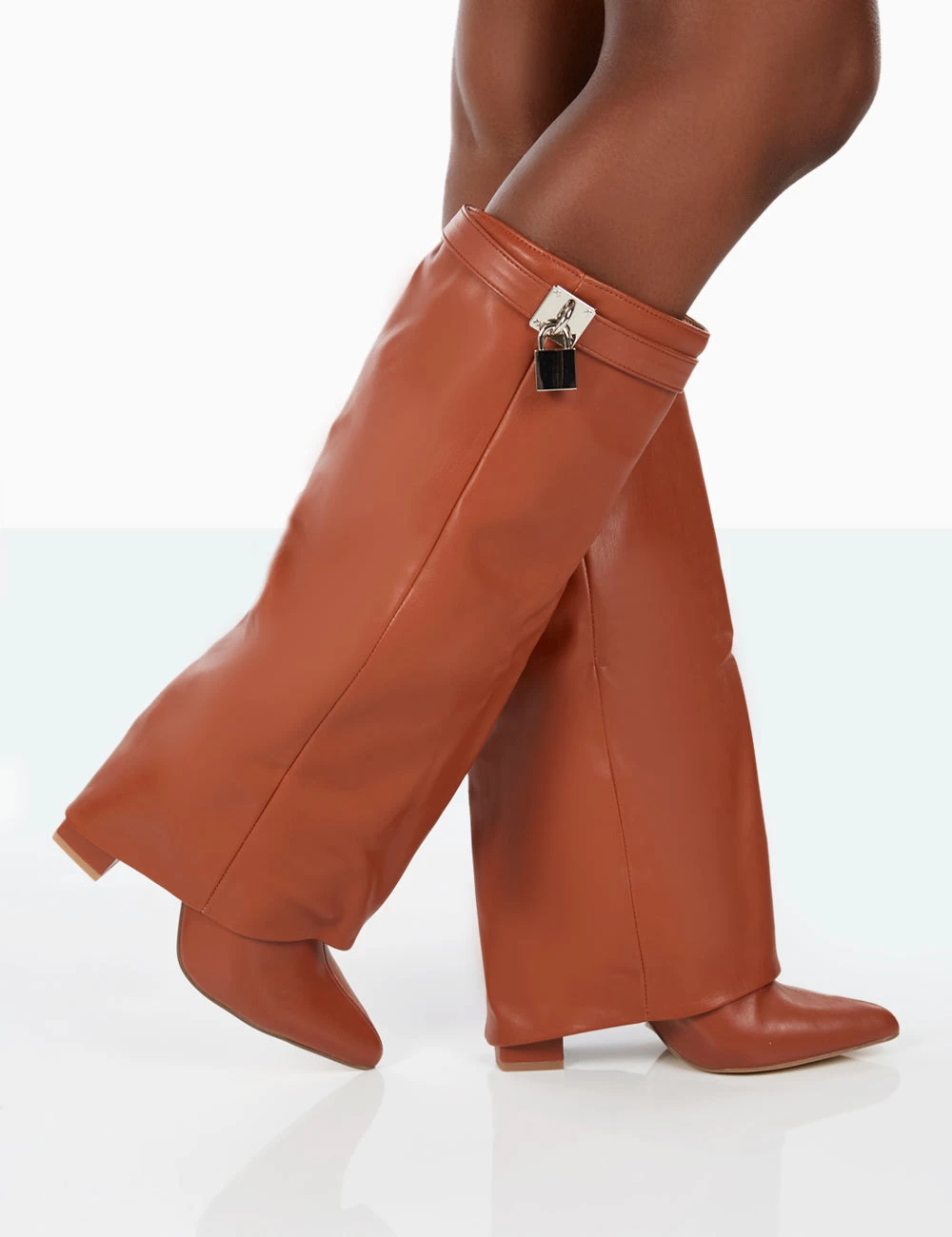 Echo Tan Grain Pu Pointed Toe Knee High Block Boots 4 Echo Tan Grain Pu Pointed Toe Knee High Block Boots - Image 4