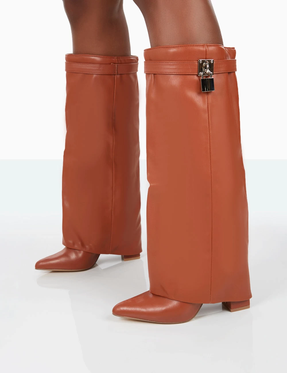 Echo Tan Grain Pu Pointed Toe Knee High Block Boots 2 Echo Tan Grain Pu Pointed Toe Knee High Block Boots - Image 2