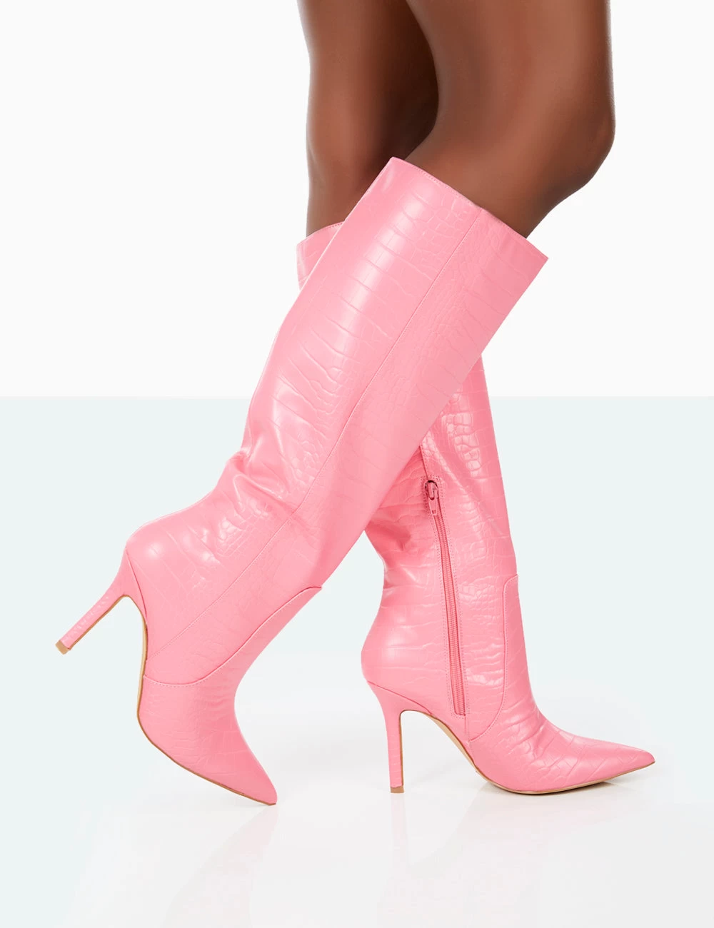 Best Believe Pink Croc Pointed Toe Heeled Stiletto Knee High Boots 2 Best Believe Pink Croc Pointed Toe Heeled Stiletto Knee High Boots - Image 2