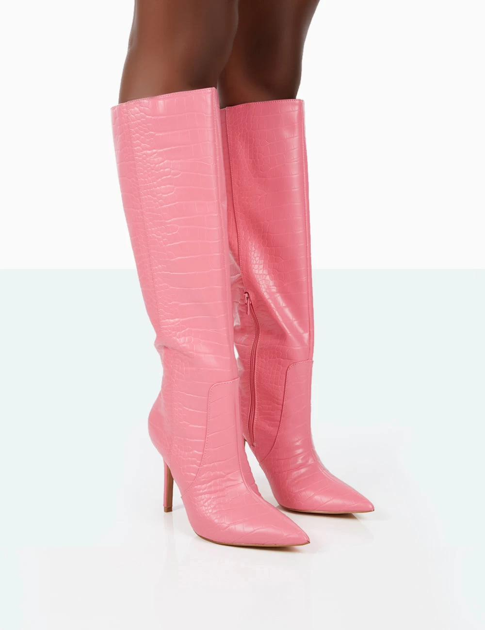 Best Believe Pink Croc Pointed Toe Heeled Stiletto Knee High Boots 1 Best Believe Pink Croc Pointed Toe Heeled Stiletto Knee High Boots