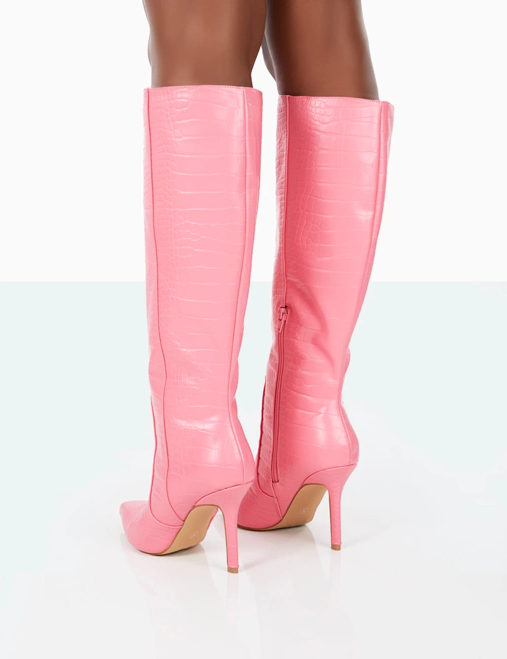 Best Believe Pink Croc Pointed Toe Heeled Stiletto Knee High Boots 3 Best Believe Pink Croc Pointed Toe Heeled Stiletto Knee High Boots - Image 3