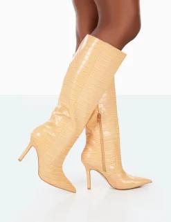 Best Believe Caramel Croc Pointed Toe Stiletto Heeled Knee High Boots 7 Best Believe Caramel Croc Pointed Toe Stiletto Heeled Knee High Boots -Chic Step Shop 31.08PDECOM0751