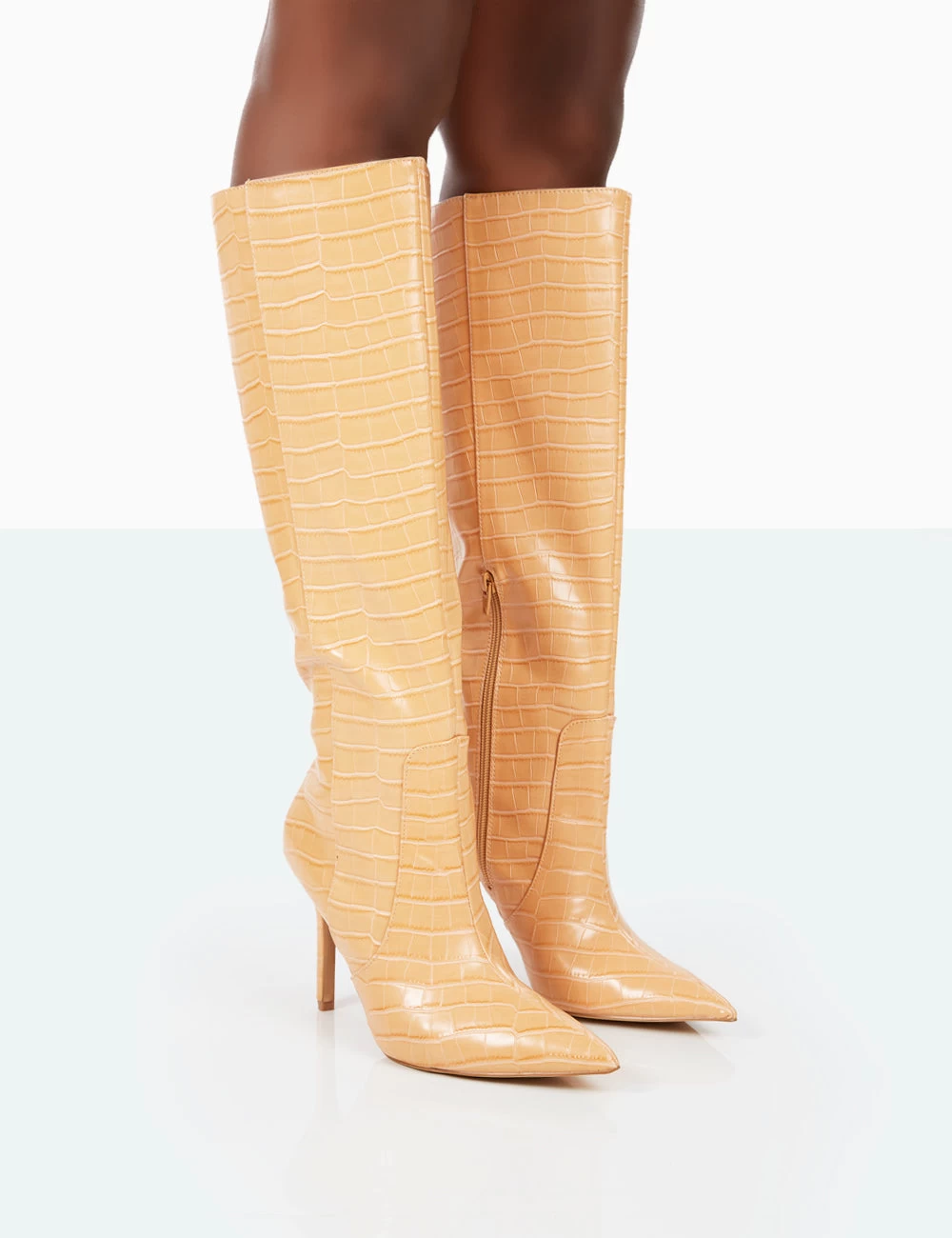 Best Believe Caramel Croc Pointed Toe Stiletto Heeled Knee High Boots 1 Best Believe Caramel Croc Pointed Toe Stiletto Heeled Knee High Boots