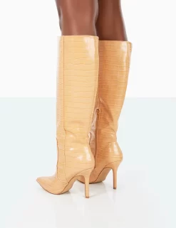 Best Believe Caramel Croc Pointed Toe Stiletto Heeled Knee High Boots 8 Best Believe Caramel Croc Pointed Toe Stiletto Heeled Knee High Boots -Chic Step Shop 31.08PDECOM0753