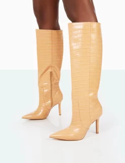 Best Believe Caramel Croc Pointed Toe Stiletto Heeled Knee High Boots 9 Best Believe Caramel Croc Pointed Toe Stiletto Heeled Knee High Boots -Chic Step Shop 31.08PDECOM0755
