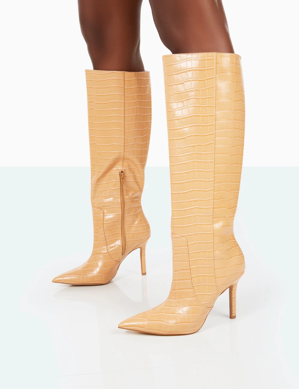 Best Believe Caramel Croc Pointed Toe Stiletto Heeled Knee High Boots 5 Best Believe Caramel Croc Pointed Toe Stiletto Heeled Knee High Boots - Image 5