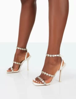Tilly Off White Satin Sparkly Diamante Strappy Square Toe Heels 9 Tilly Off White Satin Sparkly Diamante Strappy Square Toe Heels -Chic Step Shop 31.08PDECOM0801