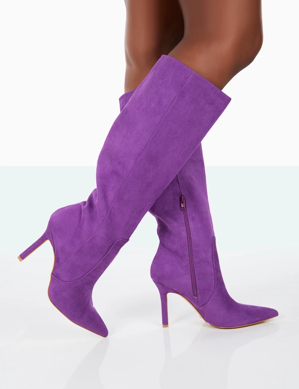 Best Believe Purple Faux Suede Pointed Toe Stiletto Heeled Knee High Boots 2 Best Believe Purple Faux Suede Pointed Toe Stiletto Heeled Knee High Boots - Image 2