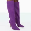 Best Believe Purple Faux Suede Pointed Toe Stiletto Heeled Knee High Boots